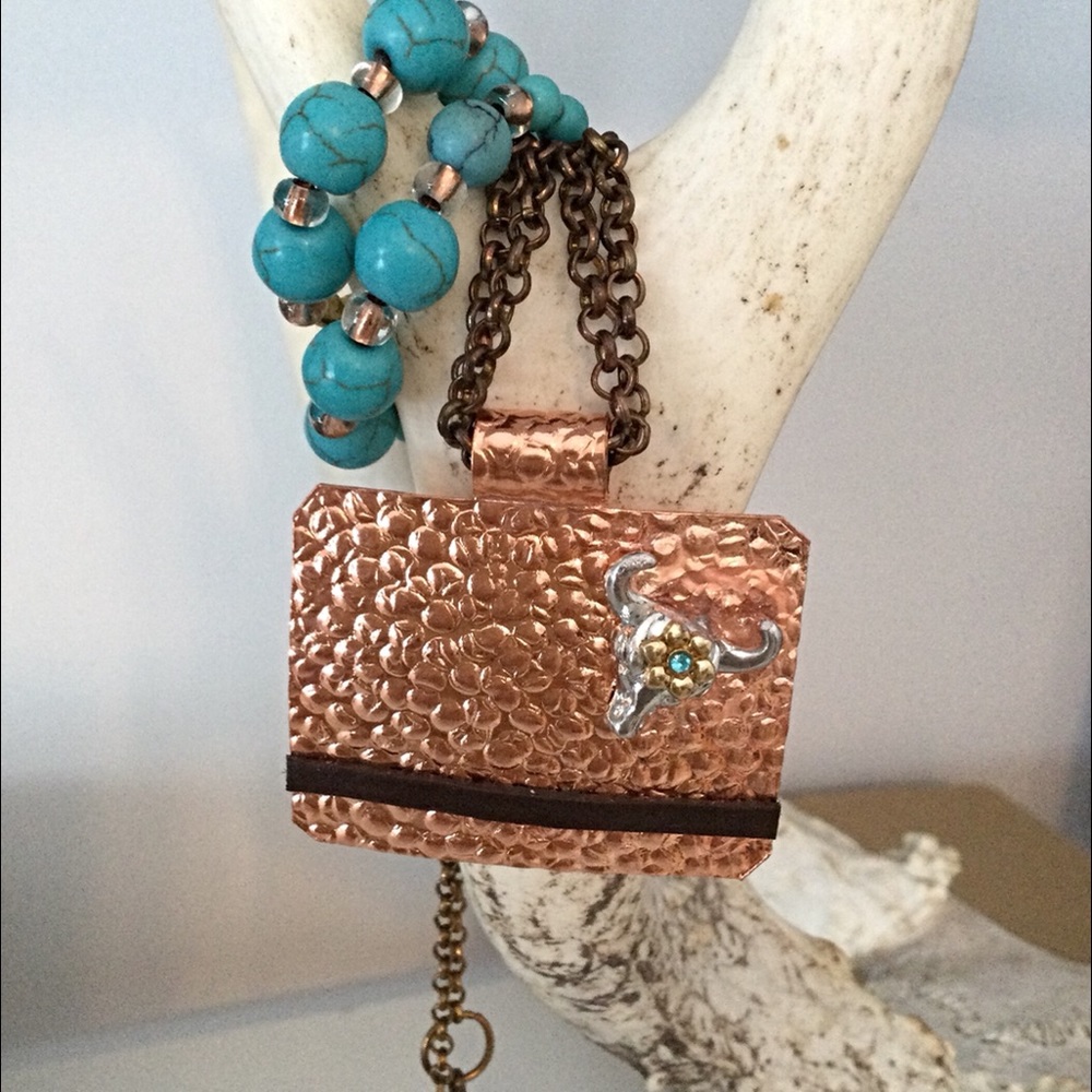 Cowgirl Necklace.  Copper, Bull Strip of Leather Pendant. Turquoise Necklace